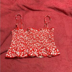 SHEIN Red Floral Smocked Bikini Top